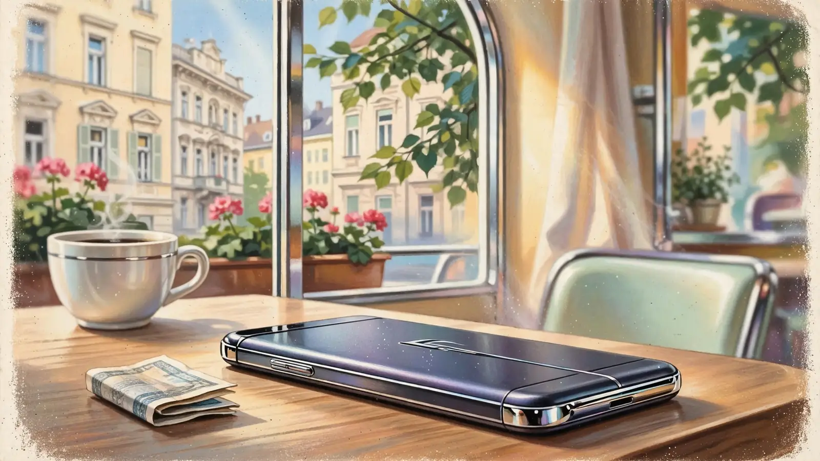 Smartphone auf einem Wiener Kaffeetisch neben einem kleinen Geldschein.