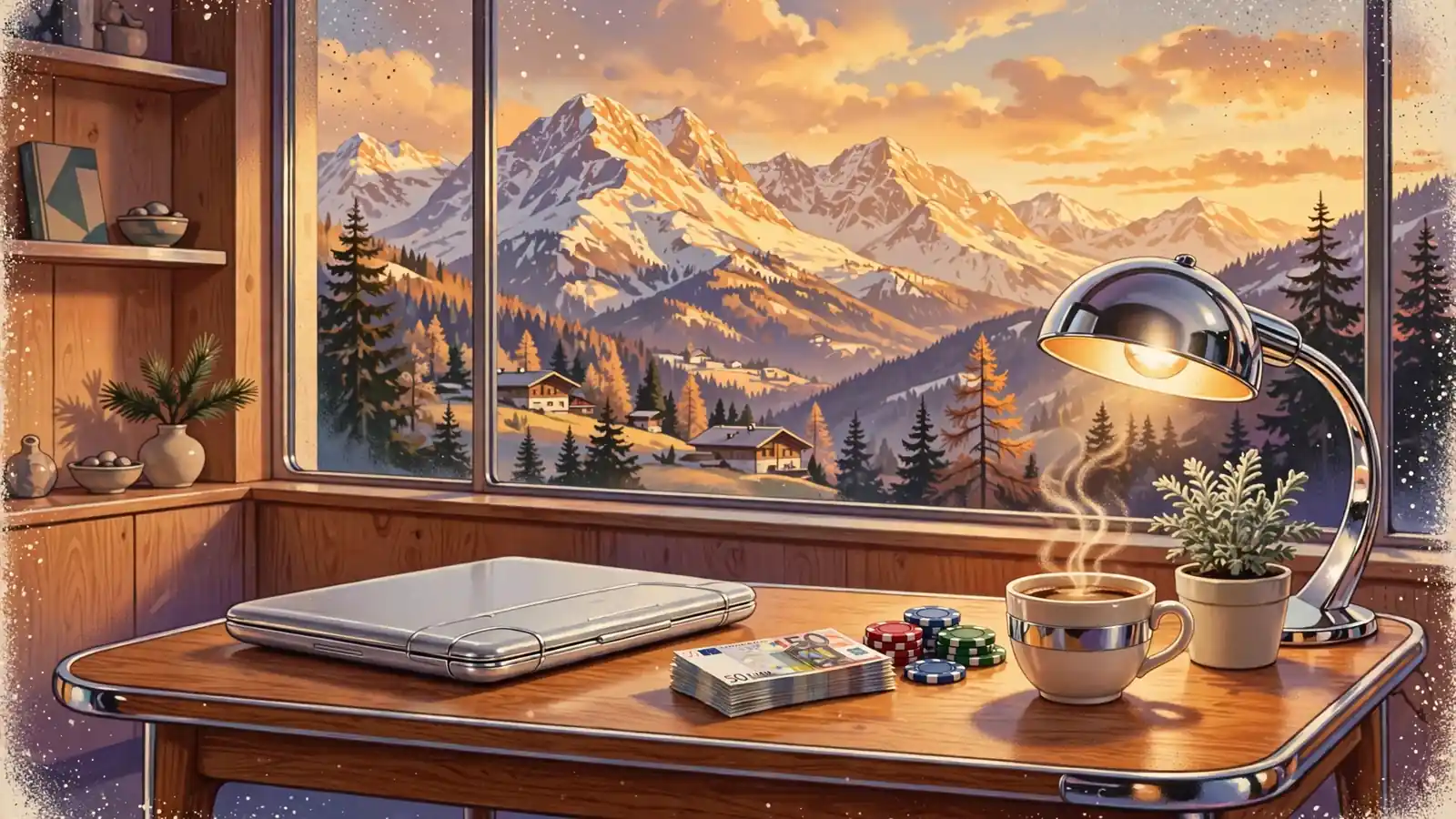 Geschlossener Laptop auf einem Couchtisch mit Euro-Banknoten und Casino-Chips, Alpenblick durch das Fenster