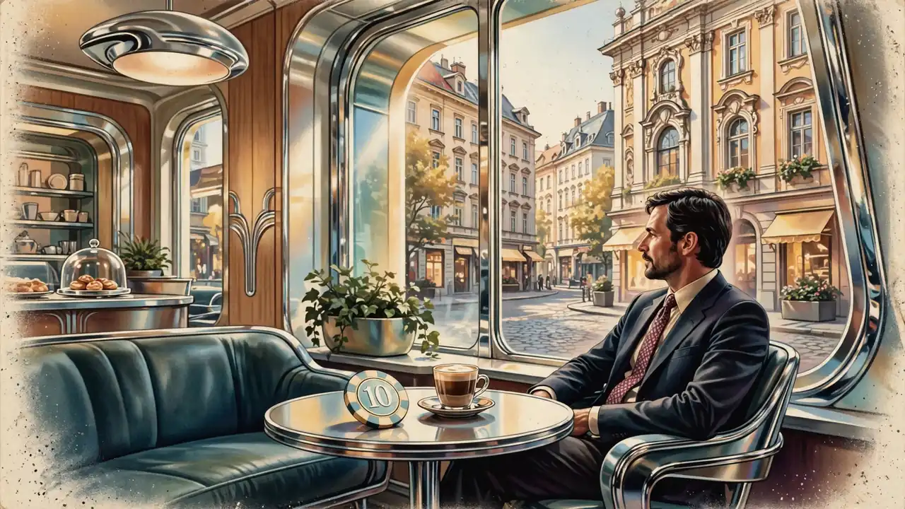 Gemütliches Wiener Kaffeehaus mit Casino-Jeton und Blick auf barocke Fassaden