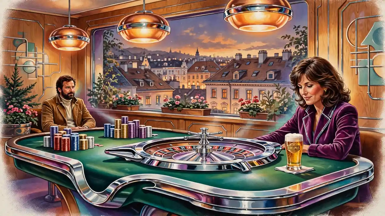 Gemütliche österreichische Spielbank-Lounge mit Roulette-Tisch, Chips und warmem Licht.