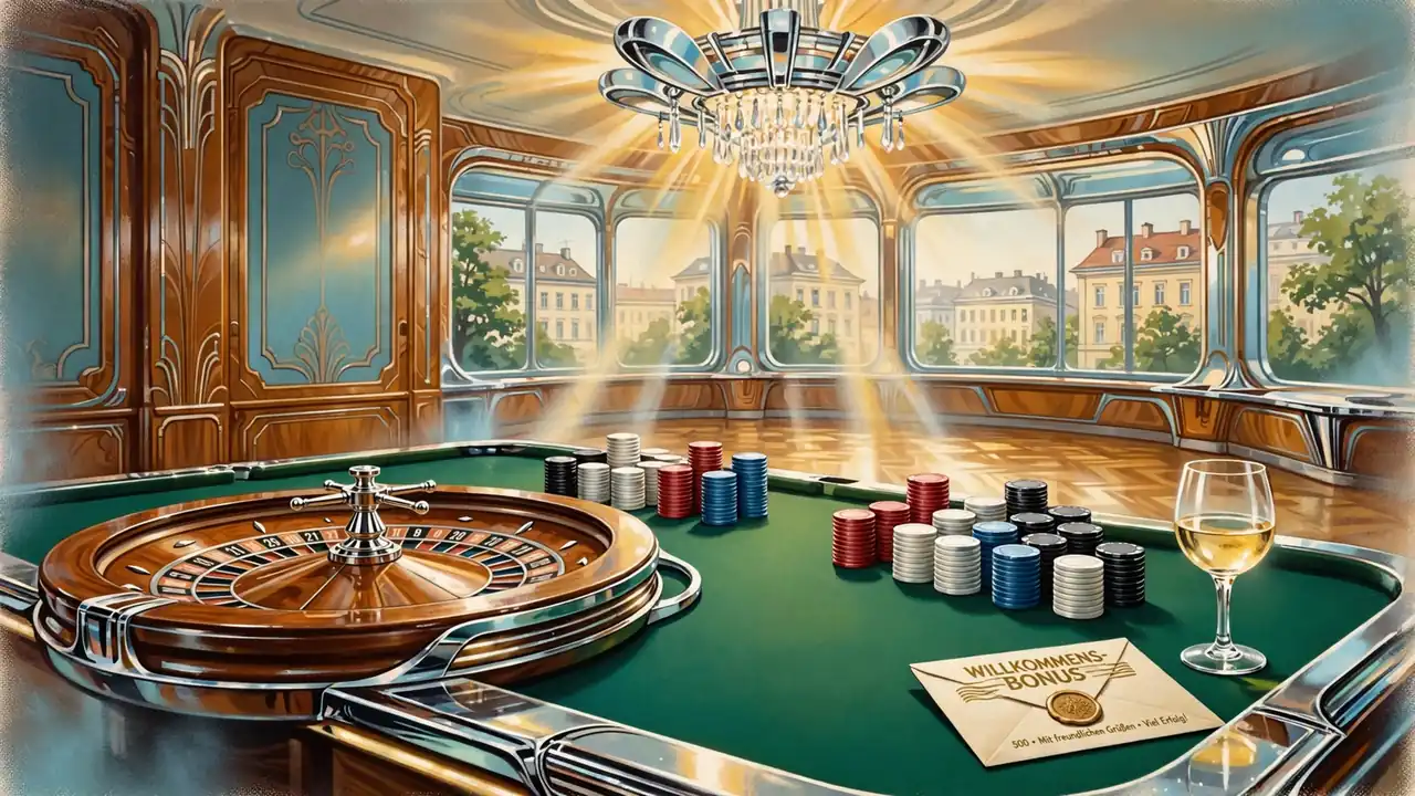 Stilvolles österreichisches Casino-Interieur mit Roulette-Tisch, Spielchips und goldenem Kronleuchter.