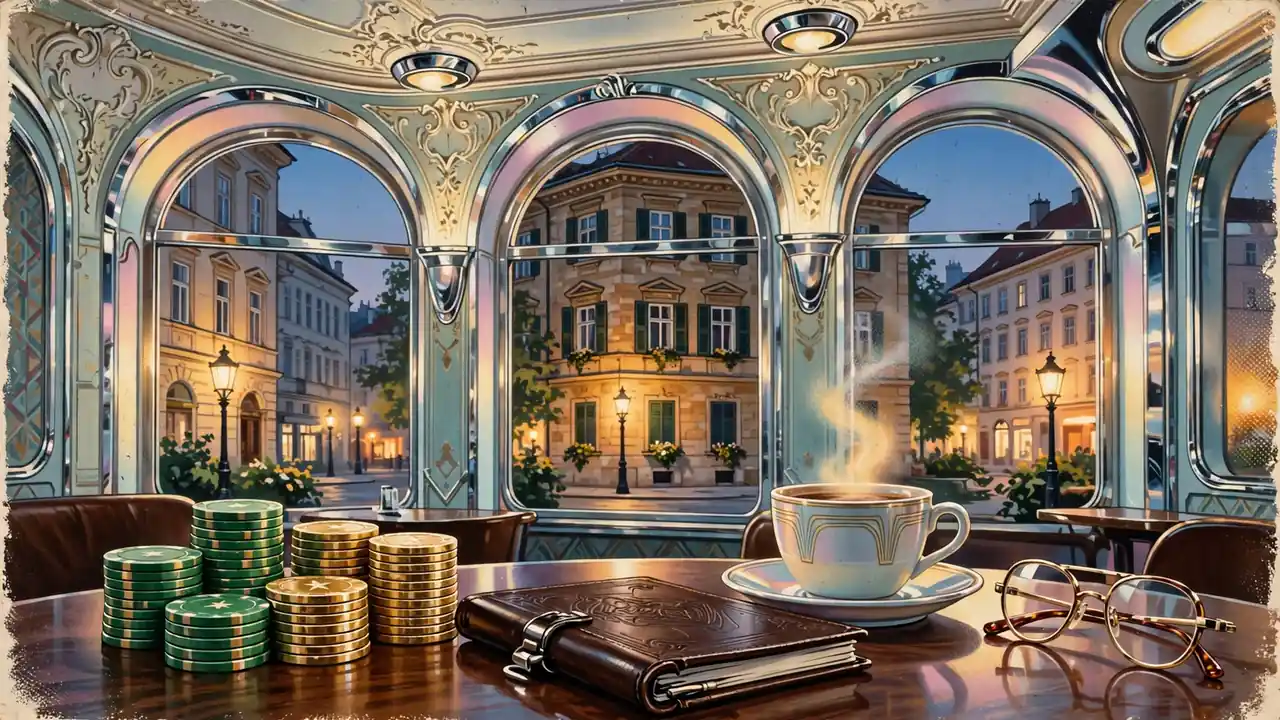 Traditionelles Wiener Café mit Casino-Chips auf einem Holztisch