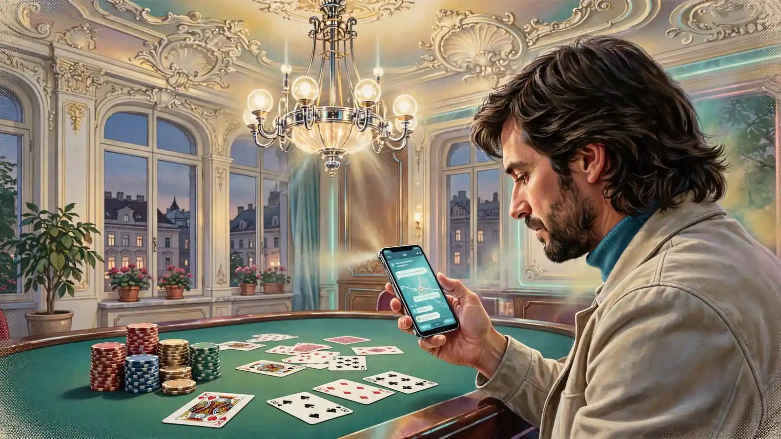 Person mit Smartphone an einem Spieltisch mit Chips und Karten in einem Wiener Interieur