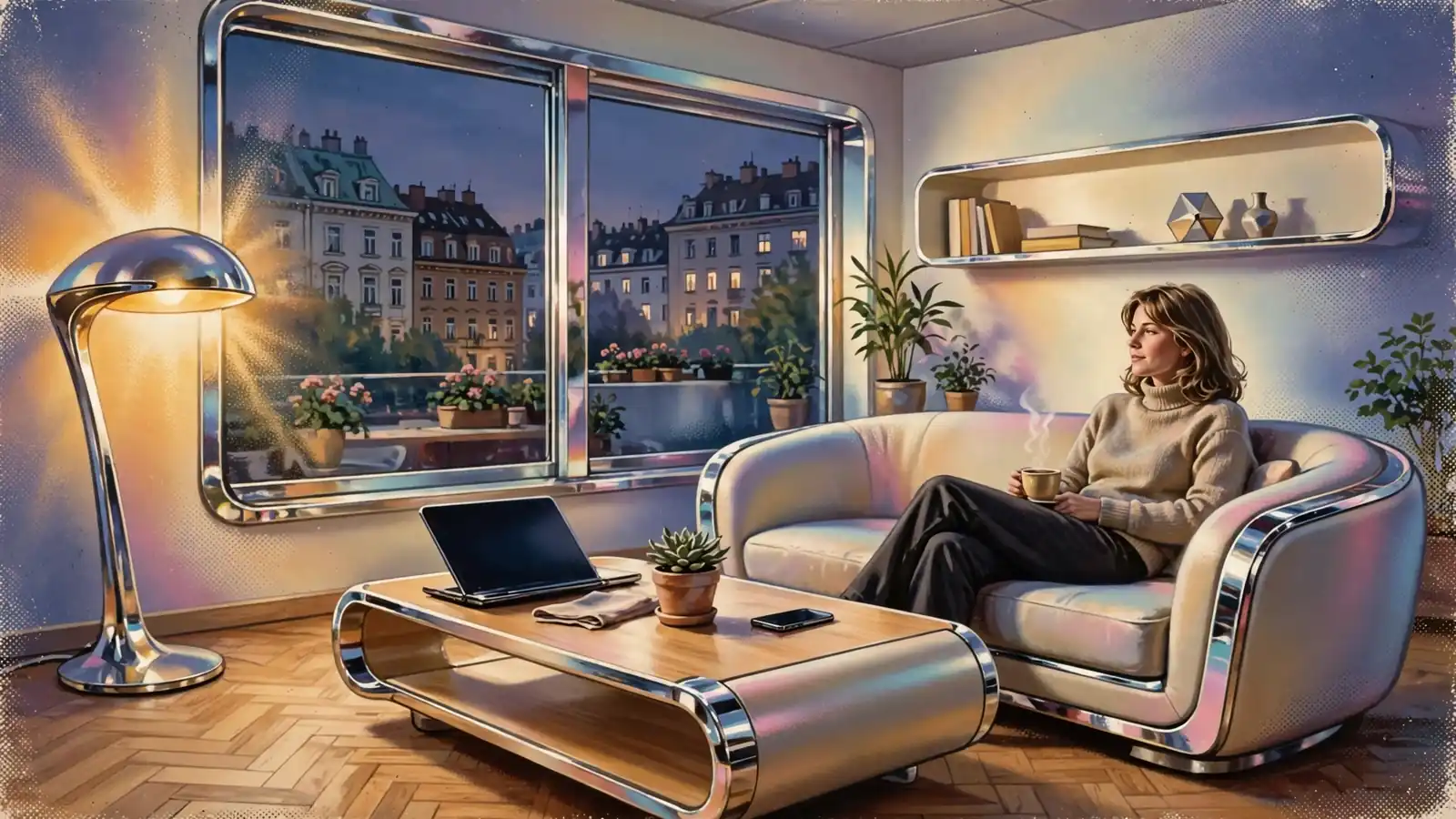 Moderner Wiener Wohnraum am Abend, Person entspannt mit Smartphone und Laptop auf dem Tisch.