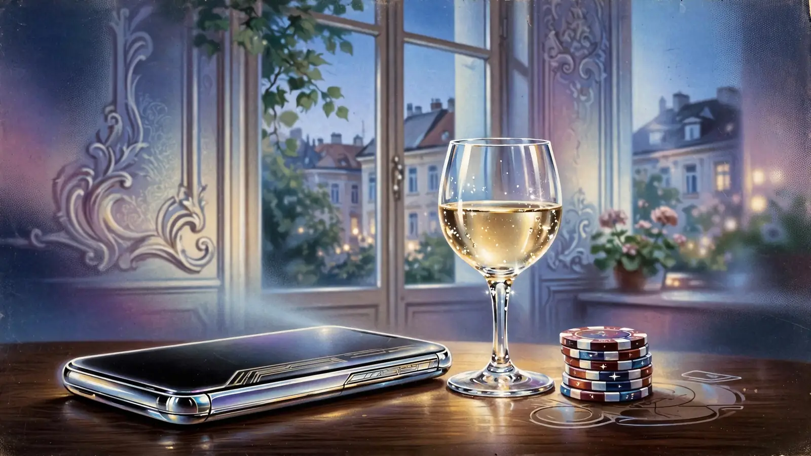 Smartphone mit Casino-Chips auf einem Tisch in Wiener Wohnung