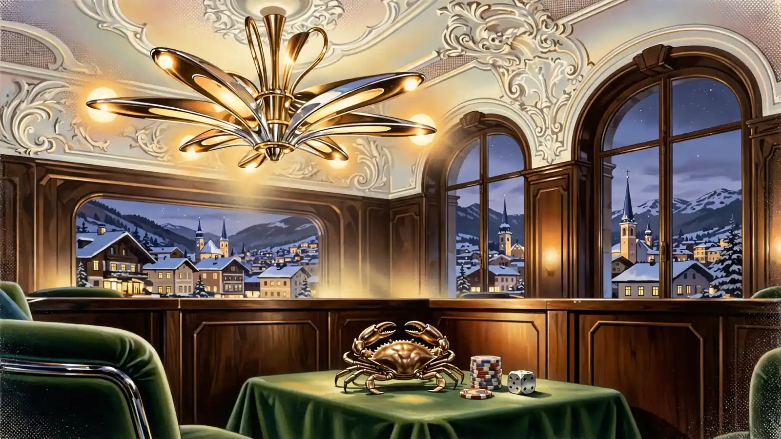 Eleganter österreichischer Hotellounge mit bronzener Krabbenfigur, Casino-Chips und Alpenausblick bei warmem Abendlicht.