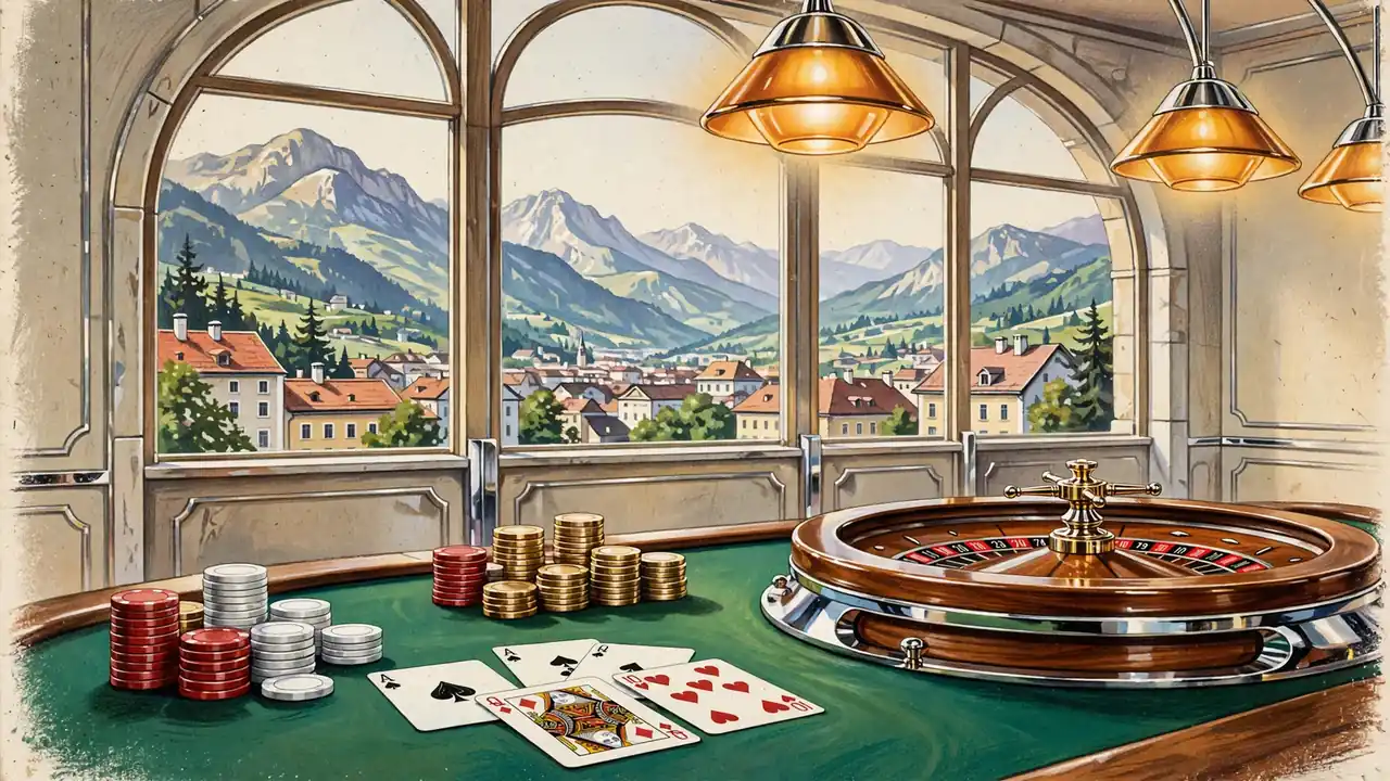 Casino-Tisch mit Chips und Roulette, Alpenblick durch Bogenfenster im Hintergrund.