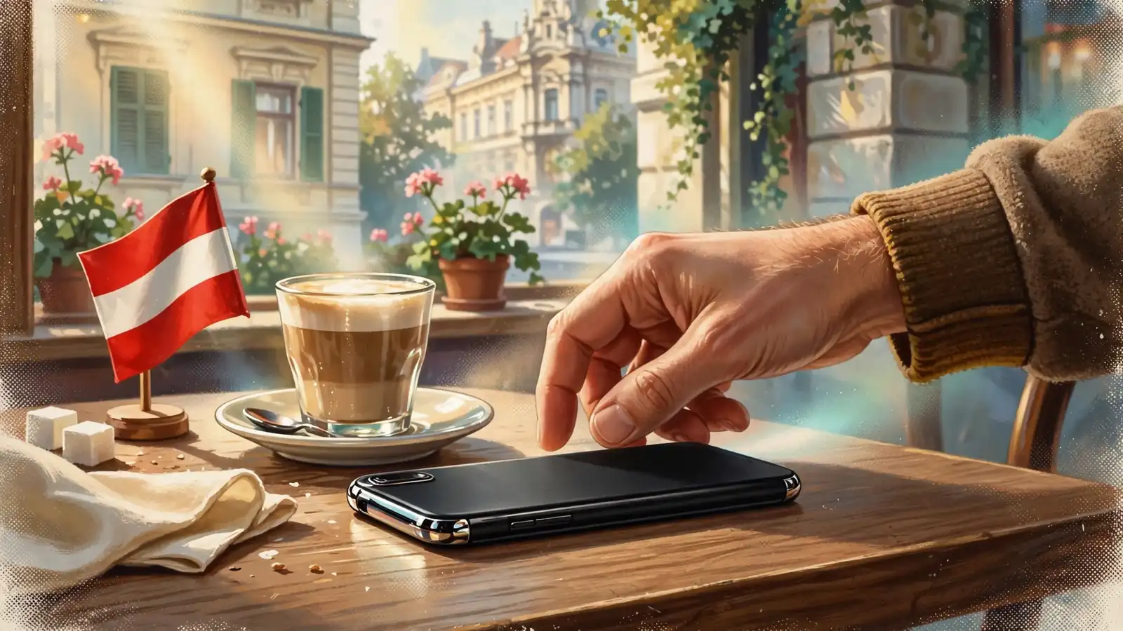 Smartphone auf einem Wiener Kafeehaustisch neben Kaffee und kleiner Österreich-Flagge.