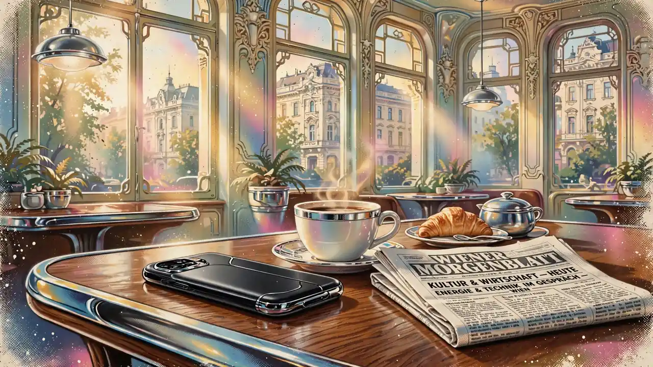 Smartphone auf einem Wiener Kaffehaustisch neben einer Tasse Kaffee und einer Zeitung