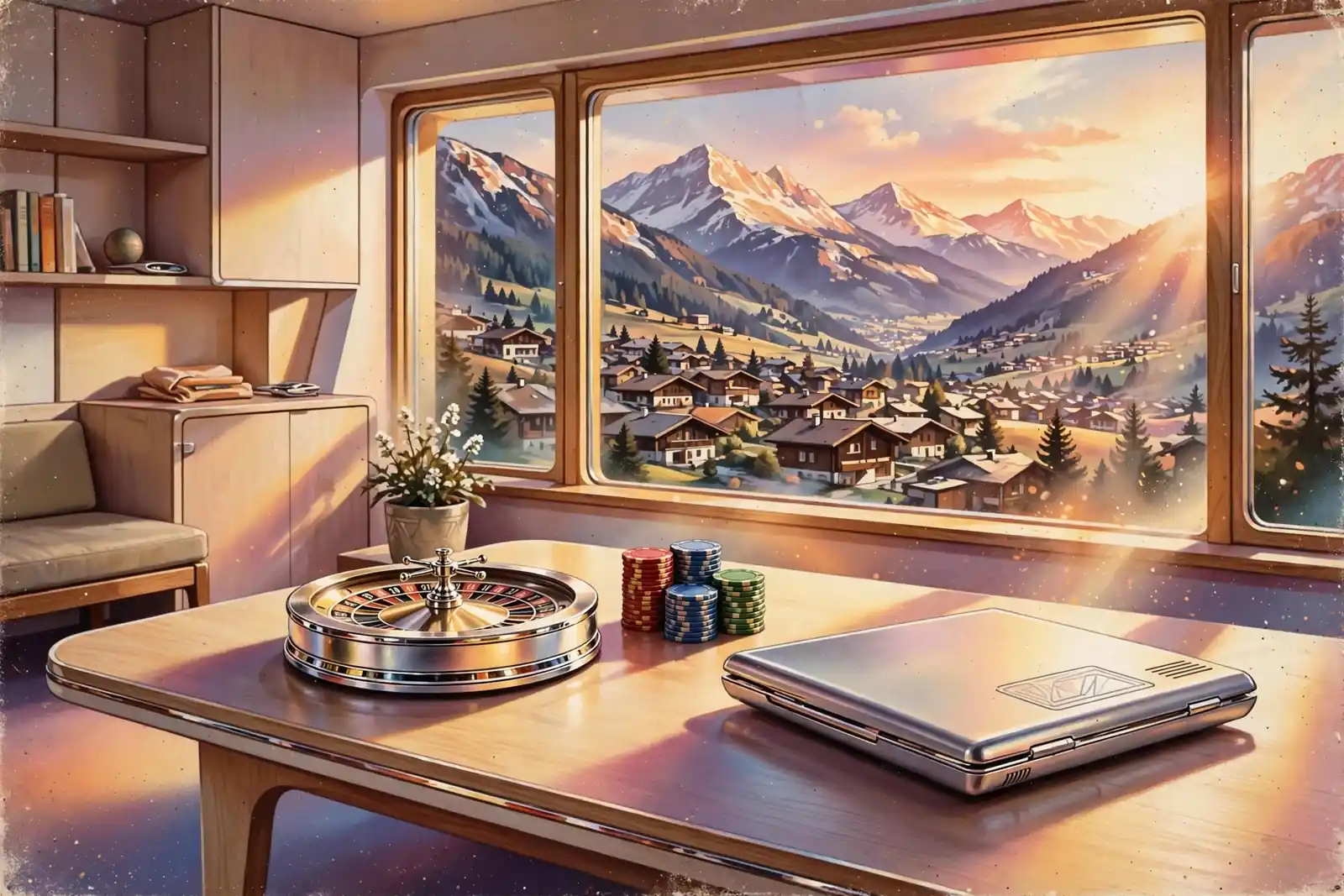 Holztisch mit Roulette, Casino-Chips und geschlossenem Laptop, alpine Dorfkulisse durch das Fenster
