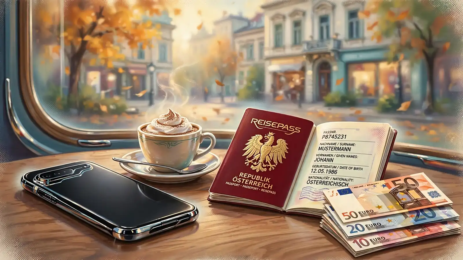 Smartphone neben Reisepass und Kaffee in Wiener Café