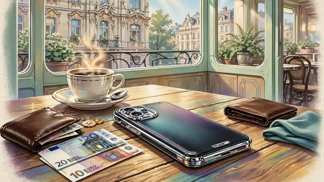 Smartphone mit Geldbörse und Euros auf einem Wiener Kaffeetisch