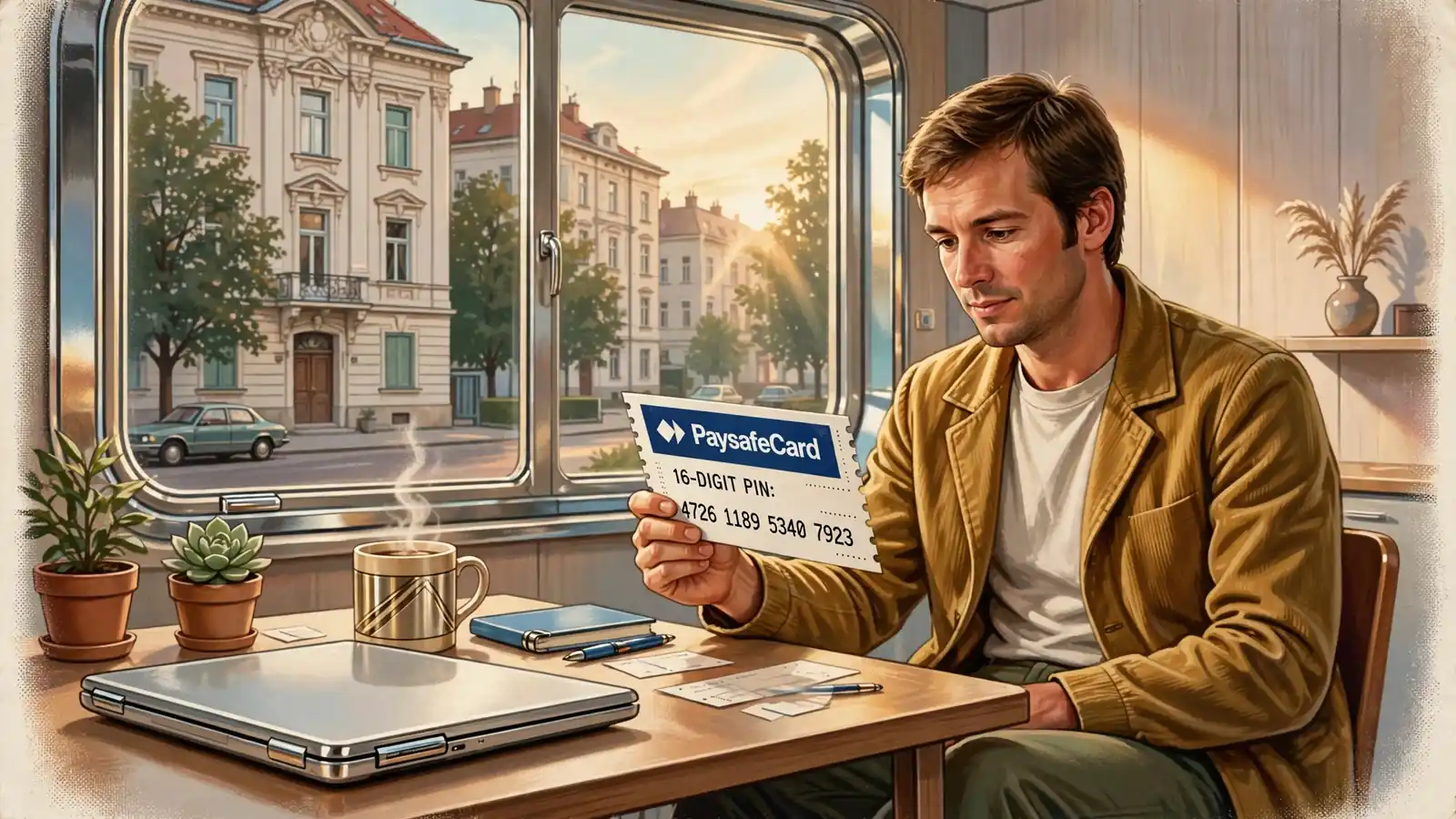 Junger Österreicher hält eine Paysafecard mit PIN-Code am Schreibtisch.