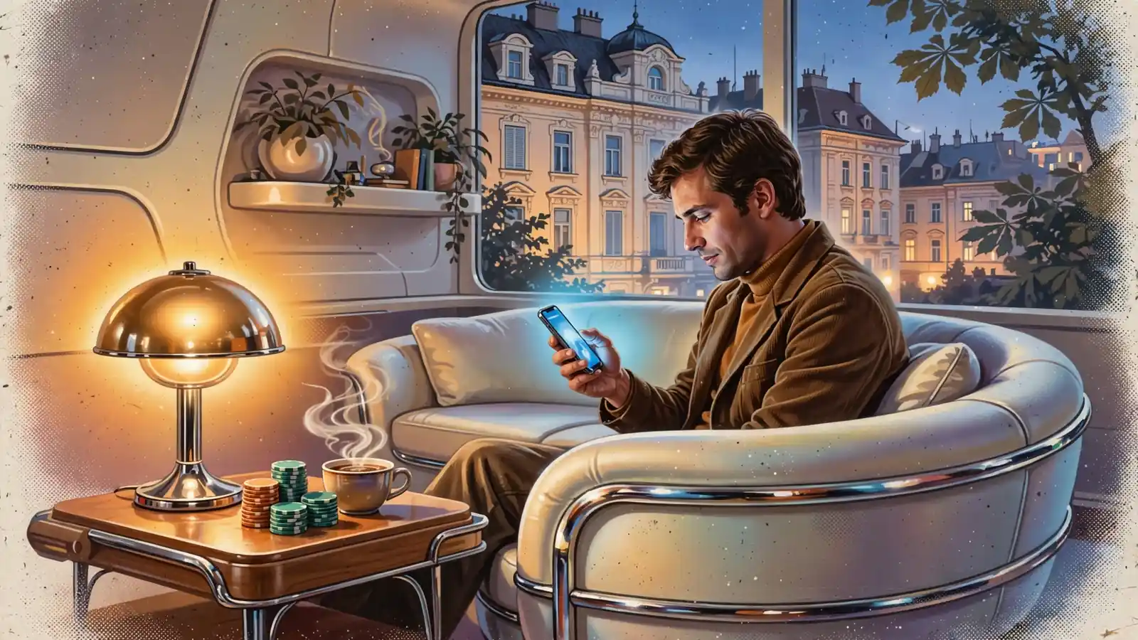 Junger Österreicher auf dem Sofa mit Smartphone und Casino-Chips im Wohnzimmer.