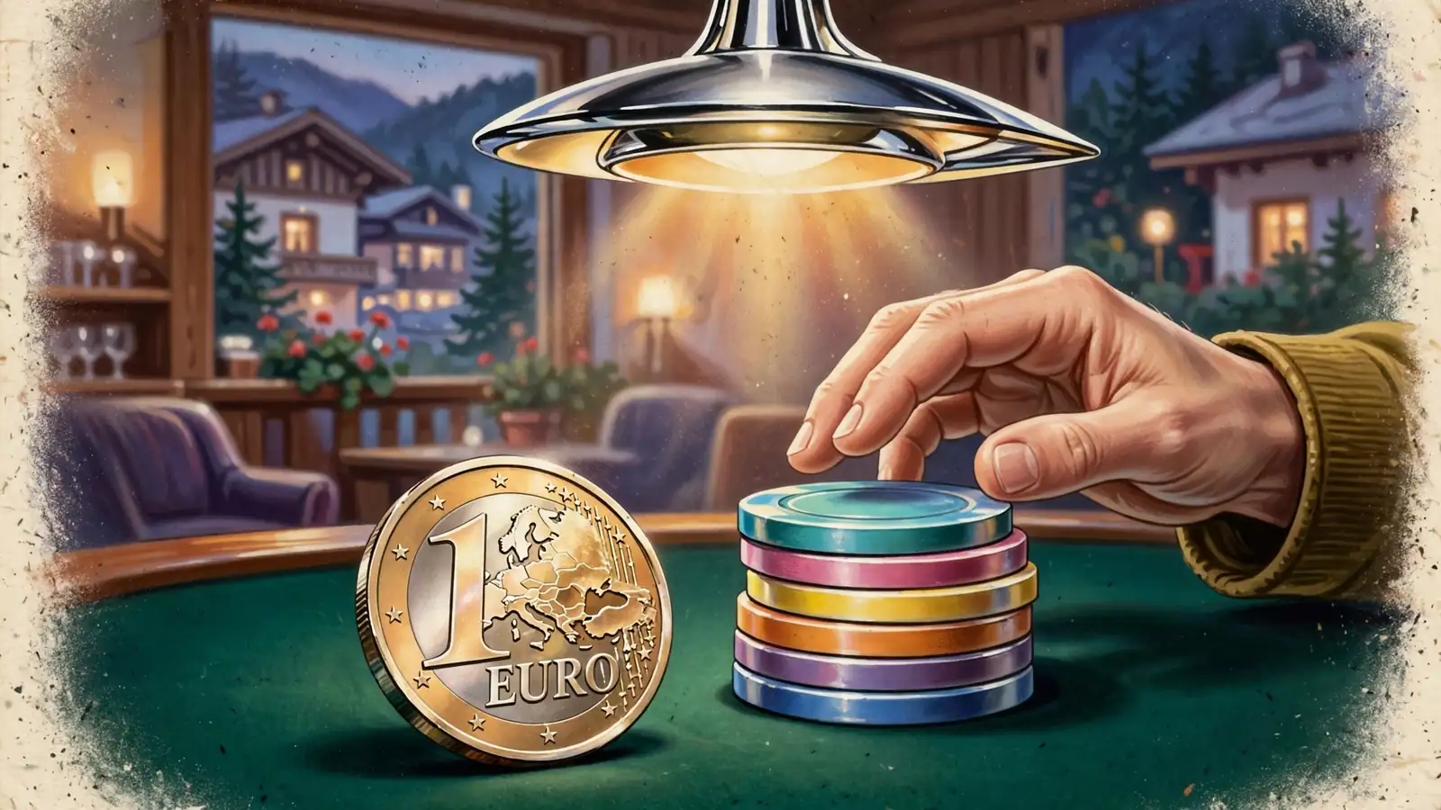 Eine Ein-Euro-Münze auf einem Spieltisch mit Casino-Chips unter warmem Licht.