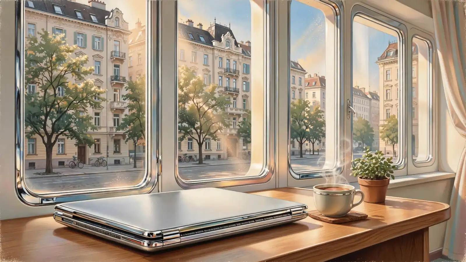 Laptop auf einem Schreibtisch in einer Wiener Wohnung mit Blick auf eine österreichische Straße.