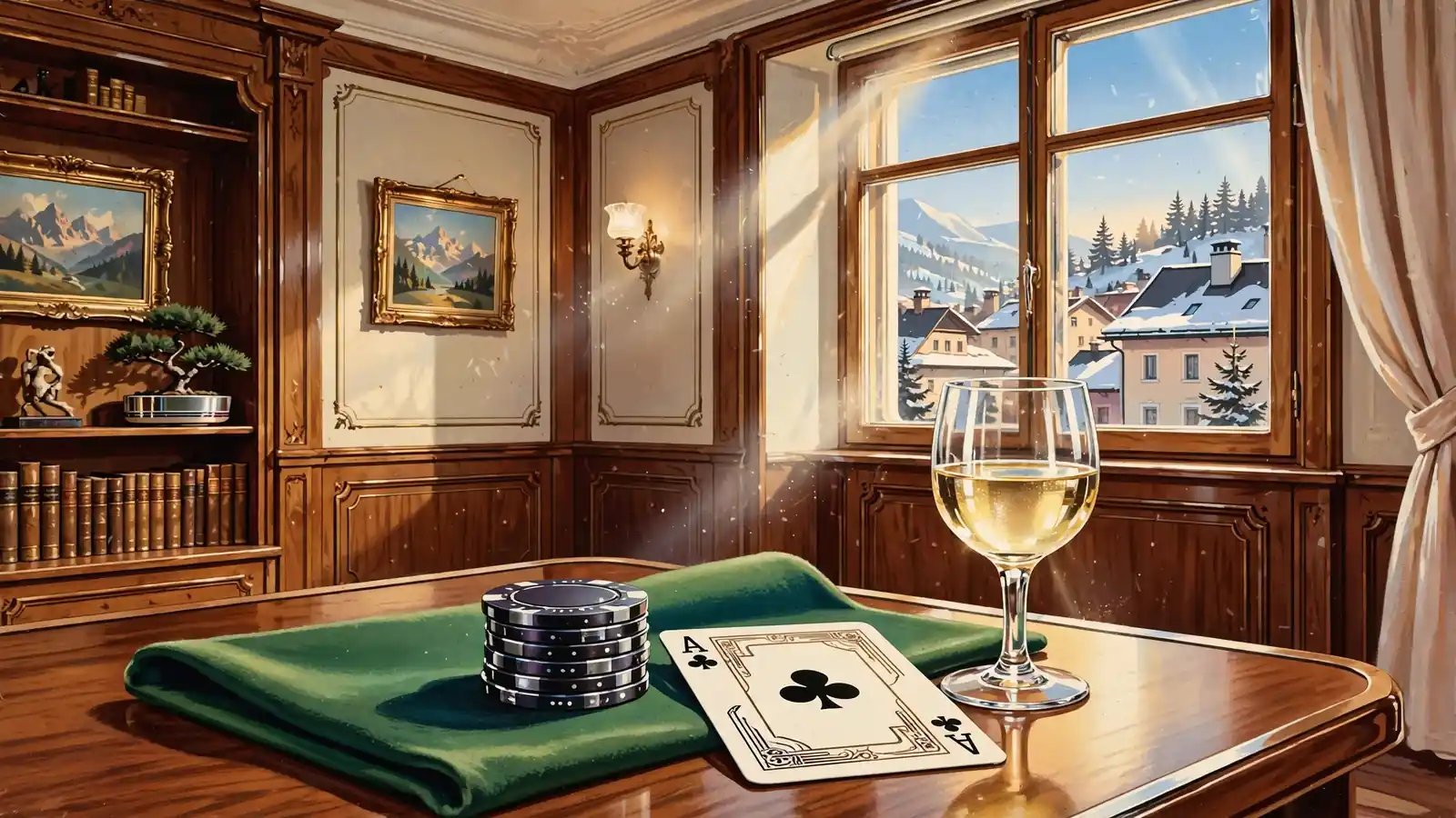 Casino-Chips und Spielkarte auf Holztisch in Wiener Interieur