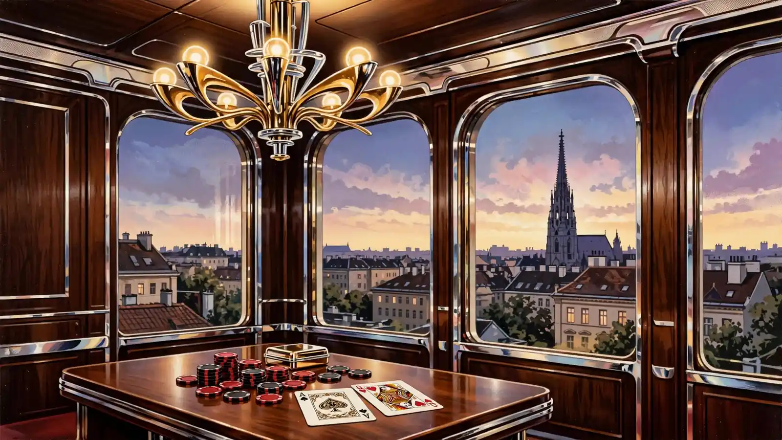 Elegante Wiener Lounge mit Spielchips und Karten auf einem Holztisch bei Abendlicht