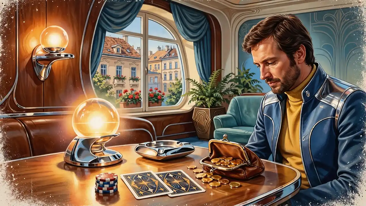 Elegantes österreichisches Interieur mit Pokerchips und Karten auf einem Holztisch bei warmem Lampenlicht