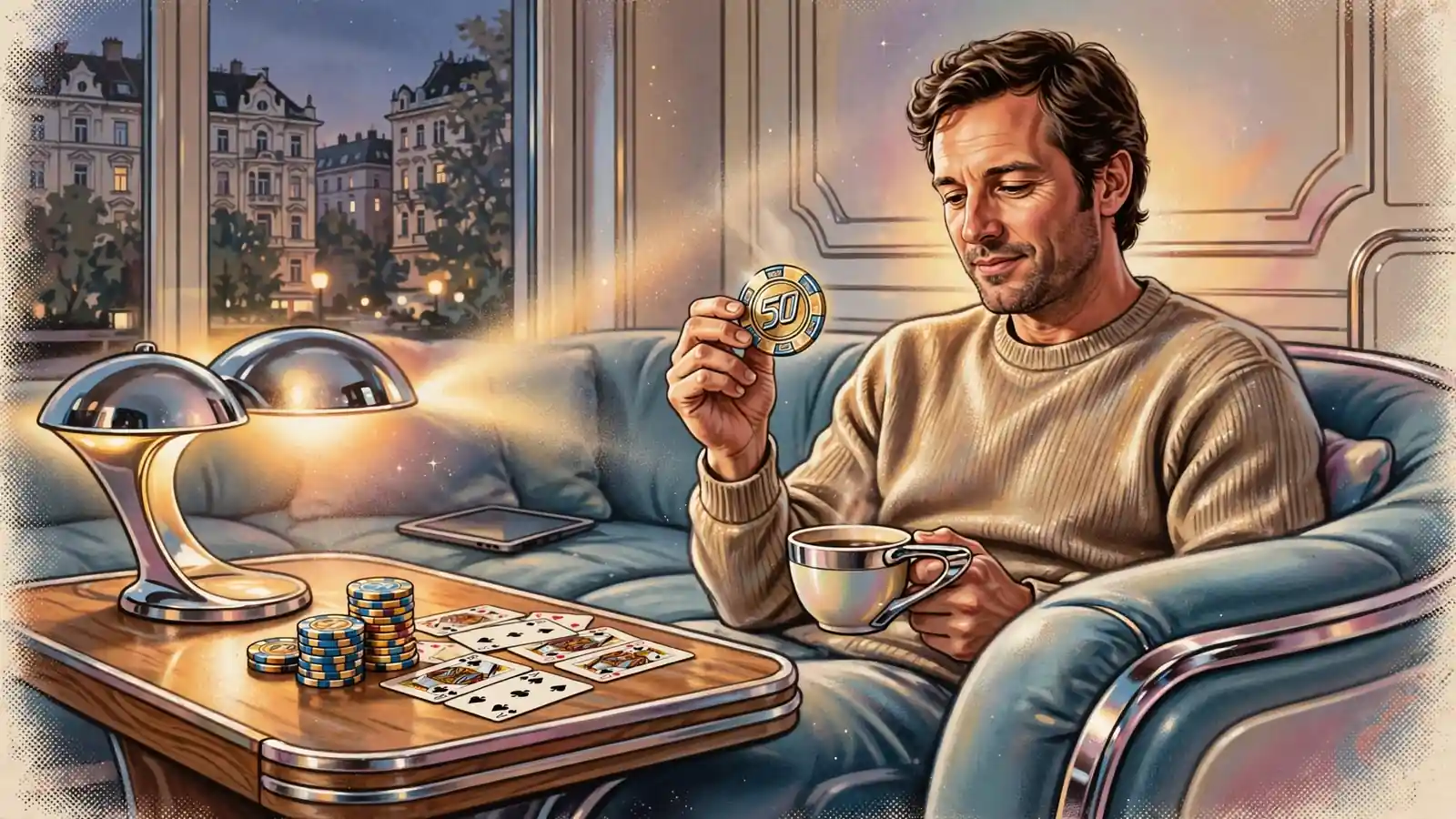 Abendliche Szene in Wiener Wohnung mit Mann, Casino-Chips und Spielkarten auf dem Tisch.