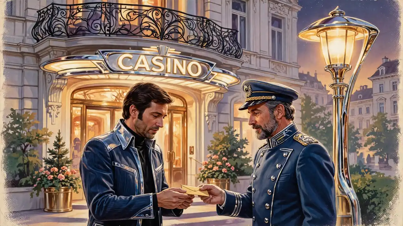 Spieler erhält Geldrückgabe vor einem Wiener Casino bei Abendlicht