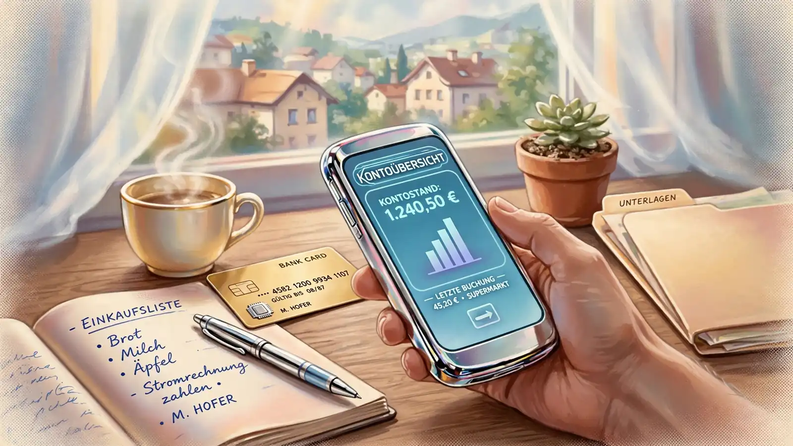 Nahaufnahme einer Hand mit Smartphone und Bankkarte auf einem Schreibtisch mit Notizbuch und Kaffeetasse