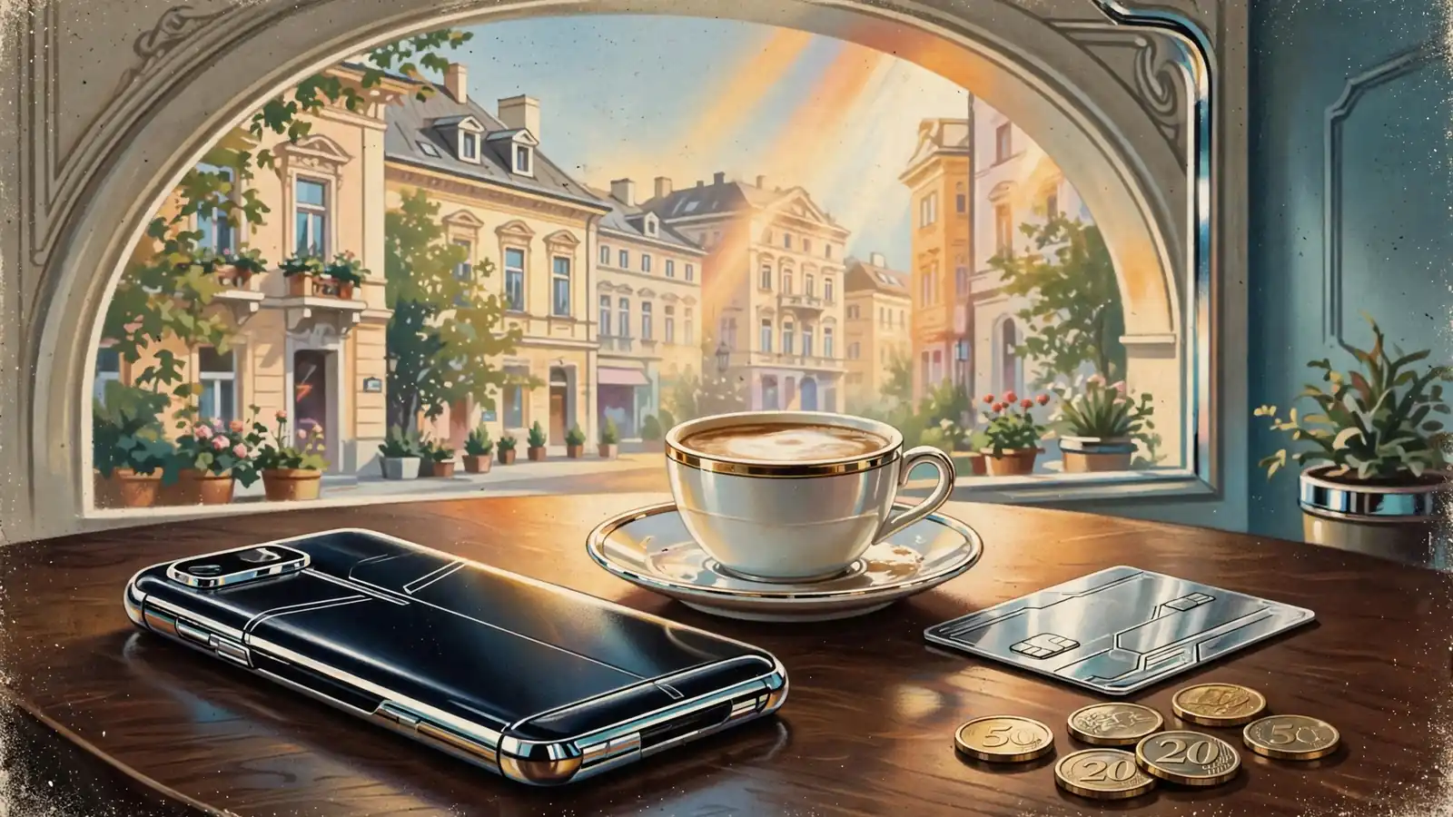 Smartphone und Bankkarte auf einem Wiener Kaffeetisch mit Kaffee