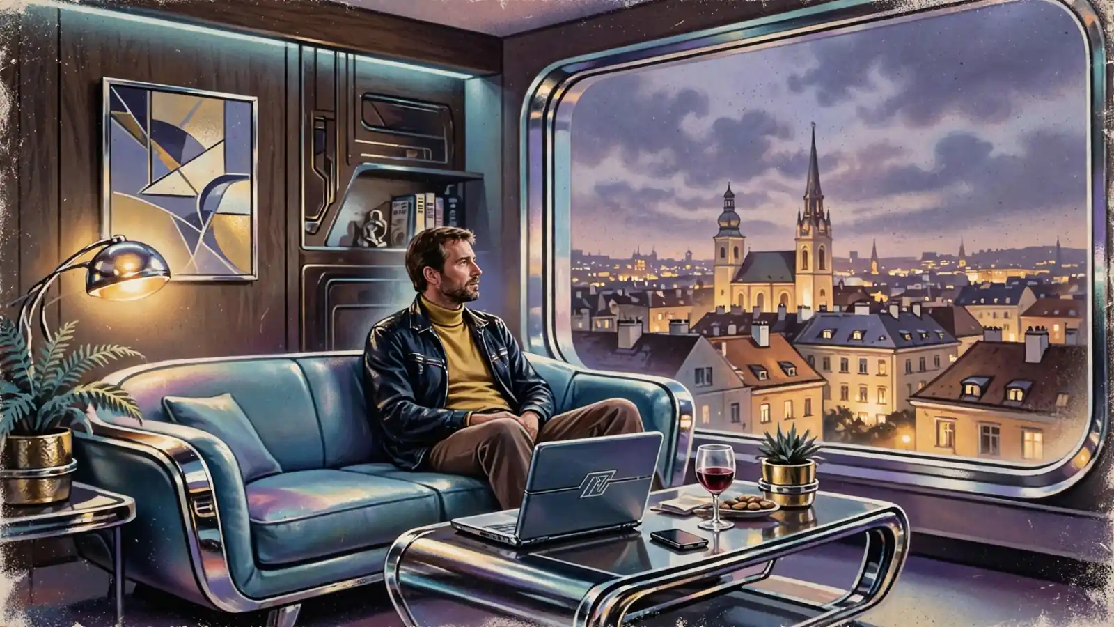 Österreichisches Wohnzimmer in der Dämmerung, Mann mit geschlossenem Laptop und Smartphone.
