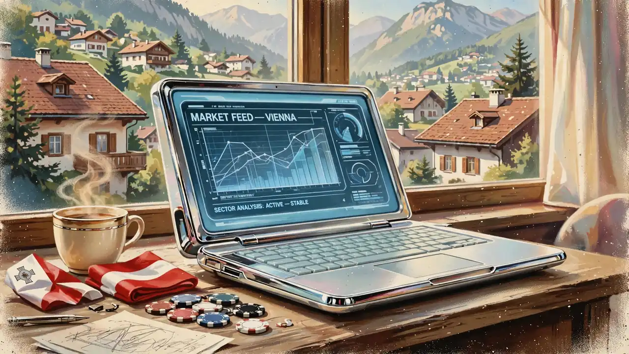Laptop auf Schreibtisch mit maltesischer und österreichischer Flagge, Casino-Chips und Kaffeetasse