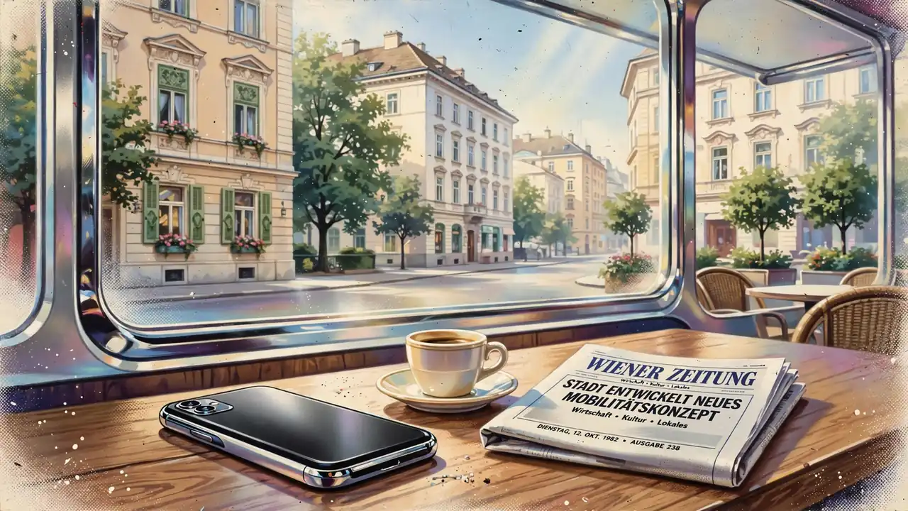Smartphone auf einem Wiener Kafhaetisch neben Espresso und Zeitung