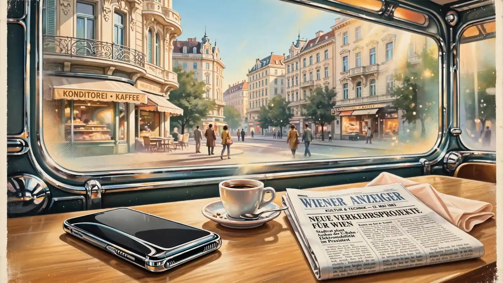 Smartphone mit abgewandtem Bildschirm auf einem Wiener Kafétisch, daneben Espresso und Zeitung
