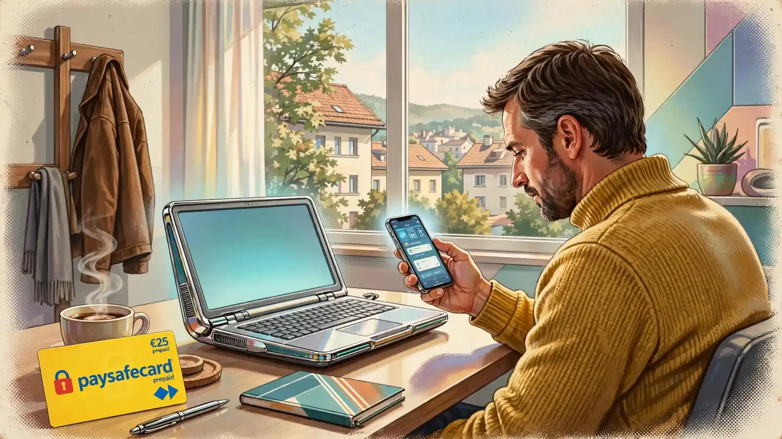 Person mit Smartphone und Laptop, Paysafecard-Gutschein auf dem Tisch.