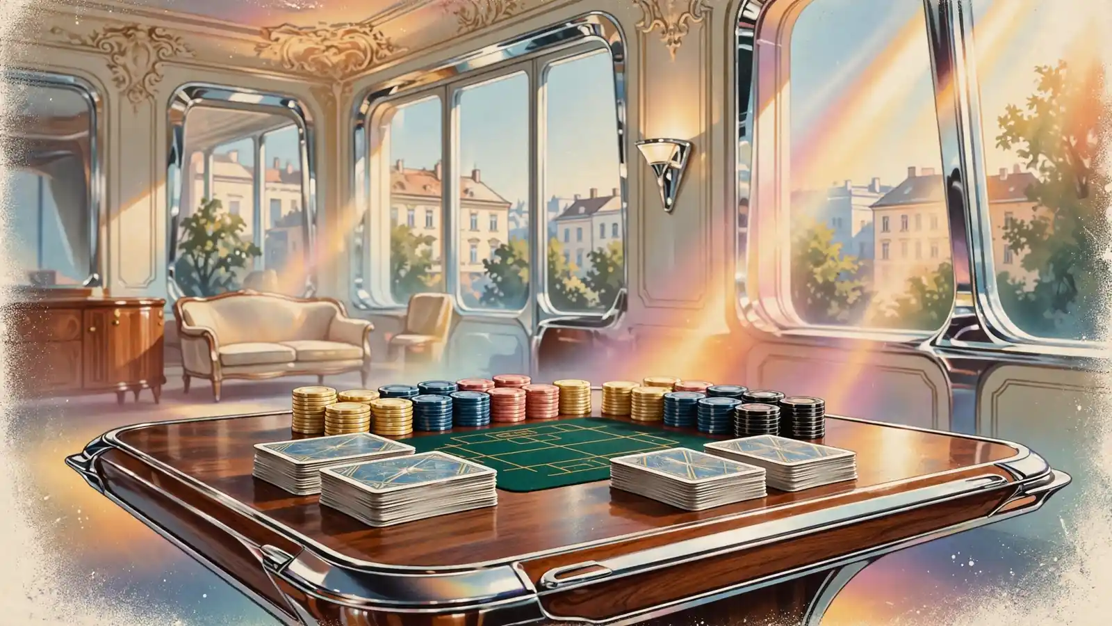 Spieltisch mit Karten und Casino-Jetons in einem Wiener Salon mit warmem Licht.
