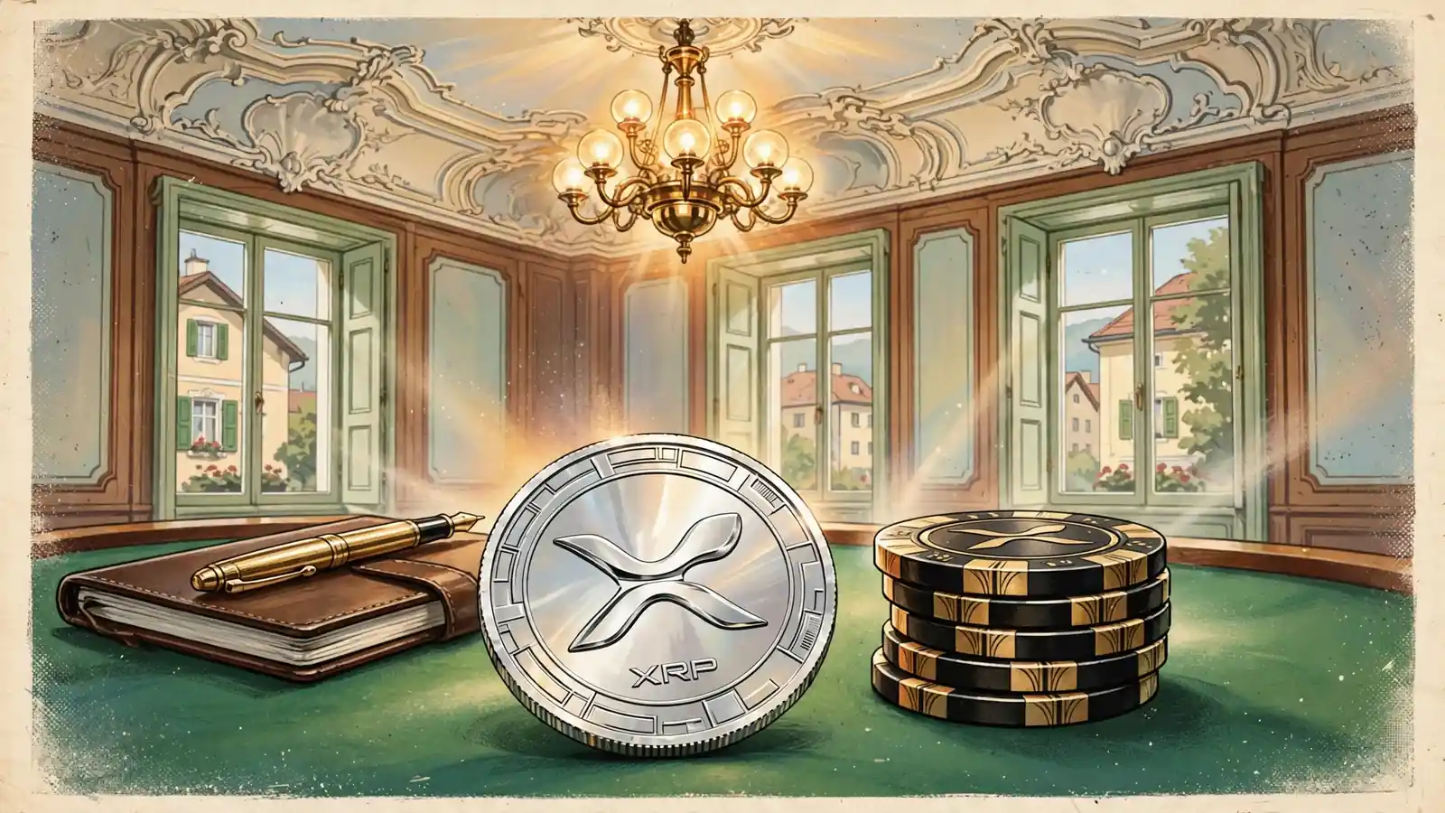 Silberne XRP-Münze auf grünem Spieltisch mit Casino-Chips in österreichischem Interieur.