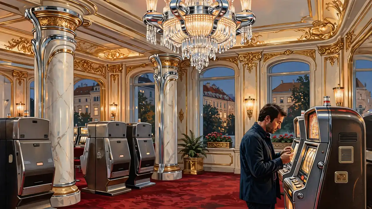Elegante Wiener Spielbank mit klassischer Architektur, Spielautomaten und einem Besucher in dunkler Jacke.