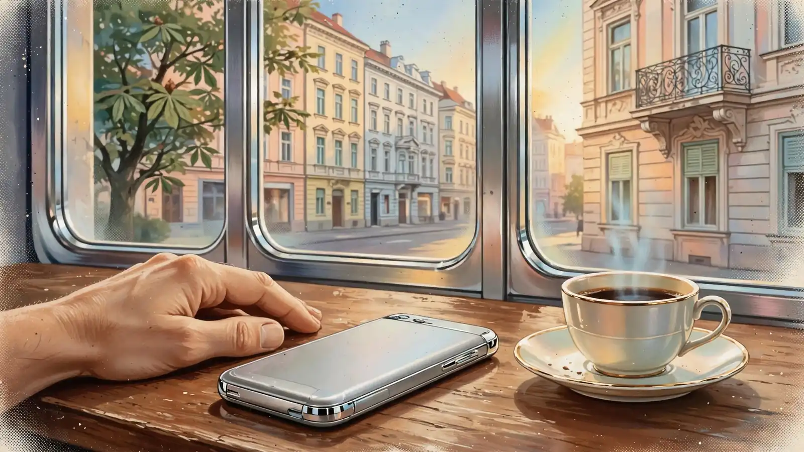Hand auf einem Wiener Kaffeetisch neben einem umgedrehten Smartphone, traditionelle Altbaufassade im Hintergrund.