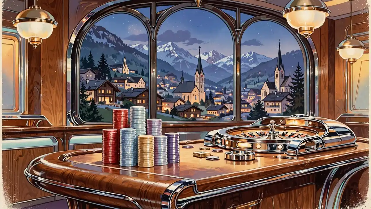 Roulette-Tisch mit Chips vor Panoramafenster mit Blick auf österreichische Alpenstadt