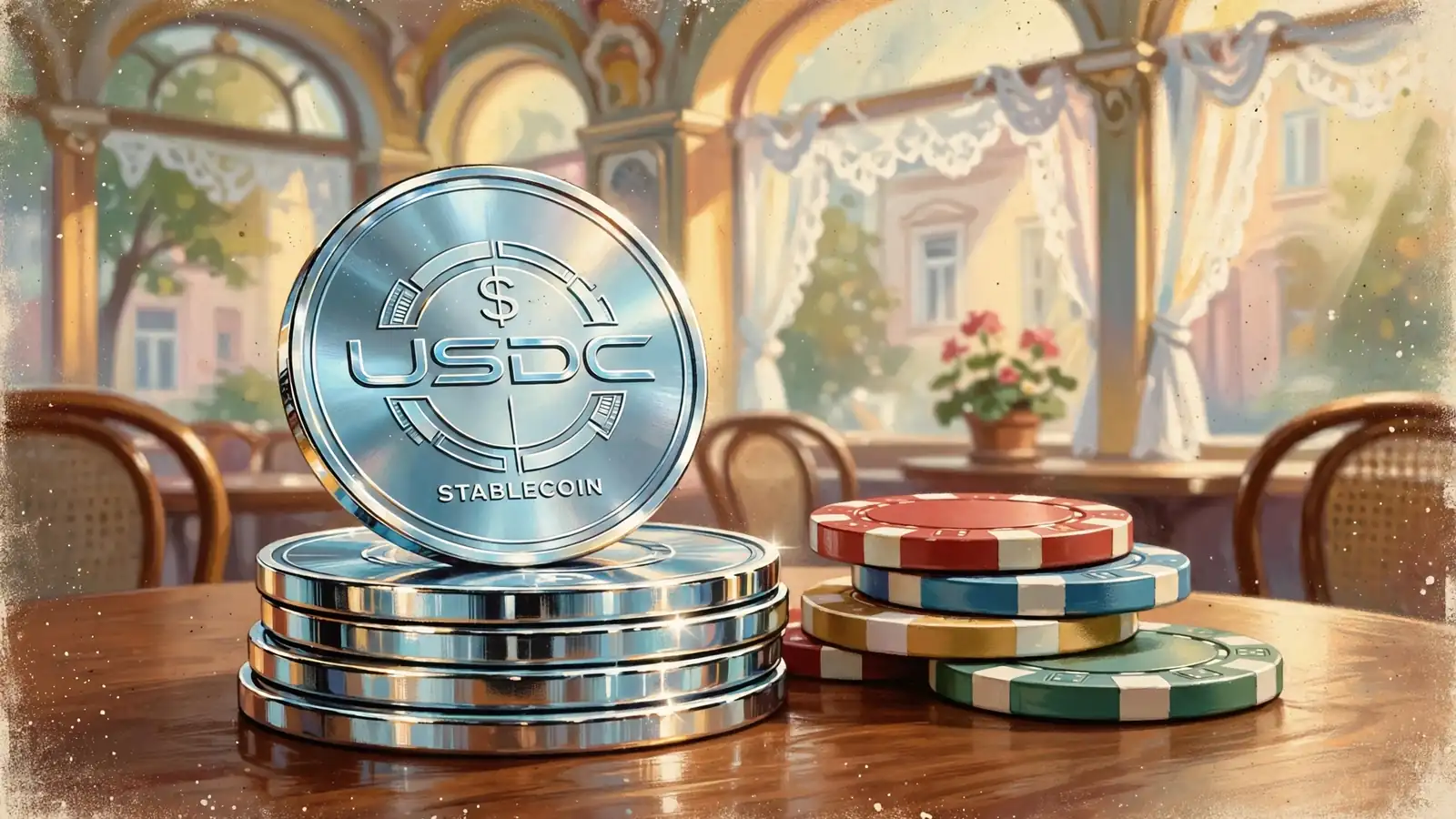 USDC-Stablecoin-Münzen neben Casino-Chips auf einem Holztisch in Wiener Café.