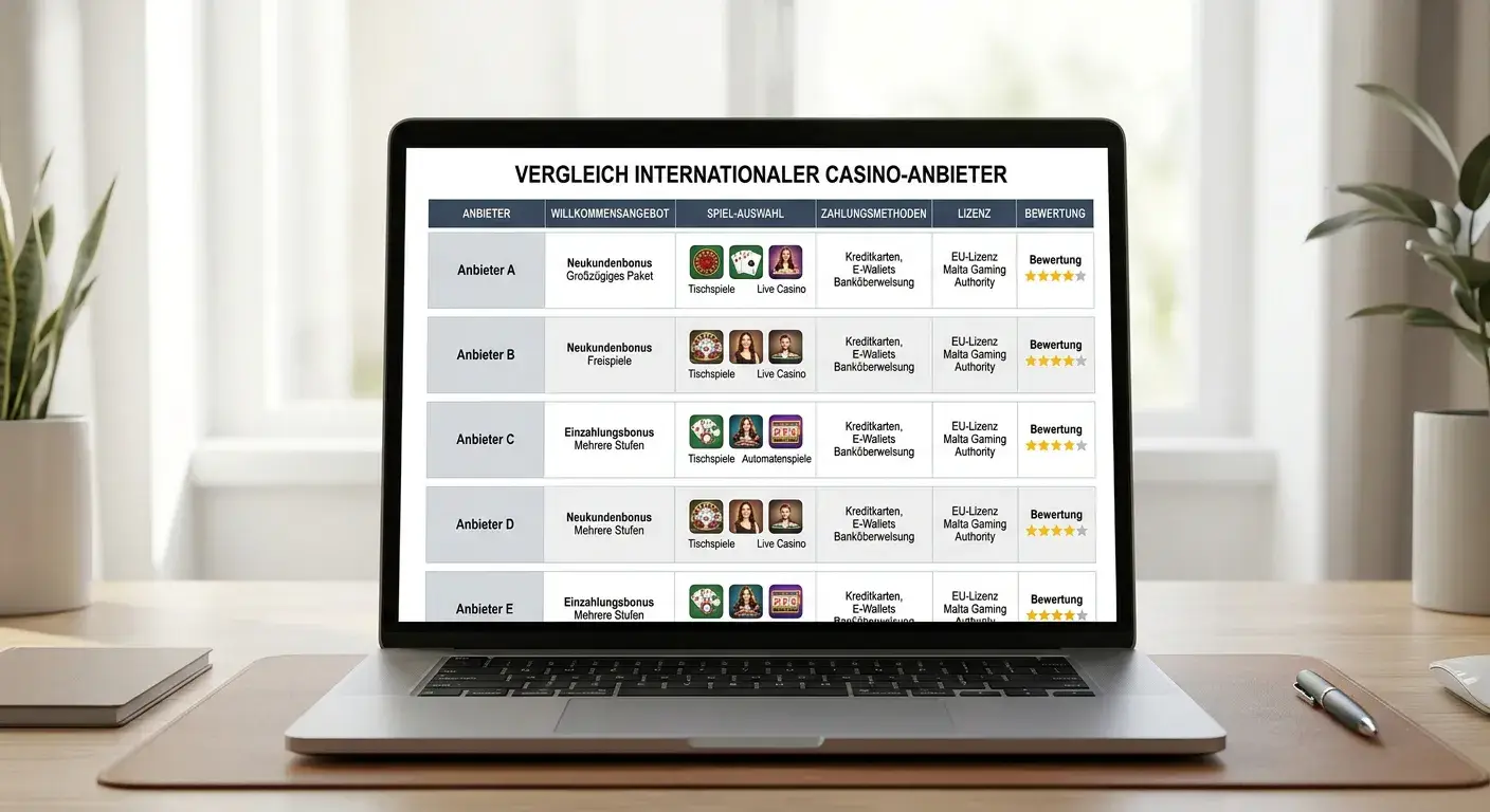 Vergleich mehrerer neutraler Casino-Websites auf einem Laptop ohne Logos