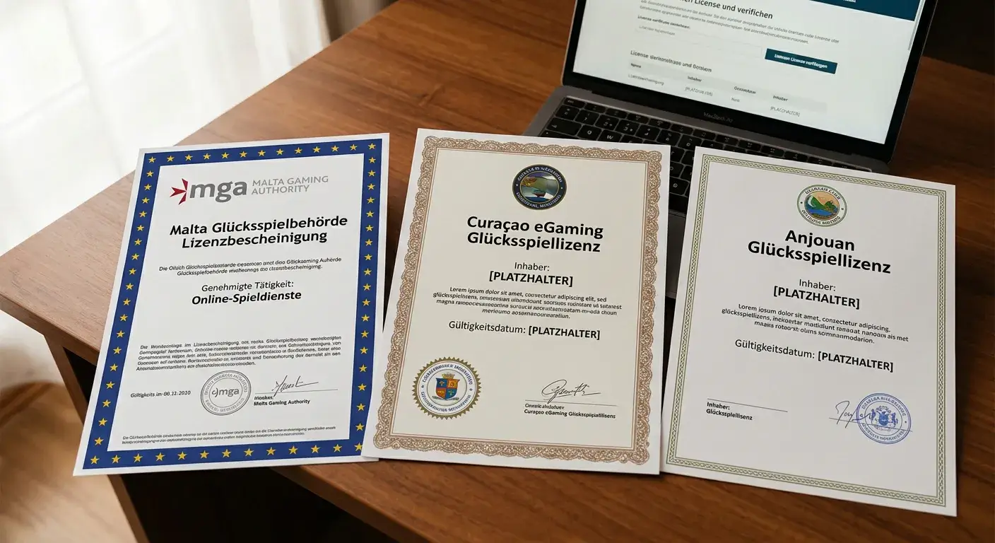 Laptop mit geöffneten Casino-Lizenzdokumenten MGA Curaçao Anjouan auf Schreibtisch