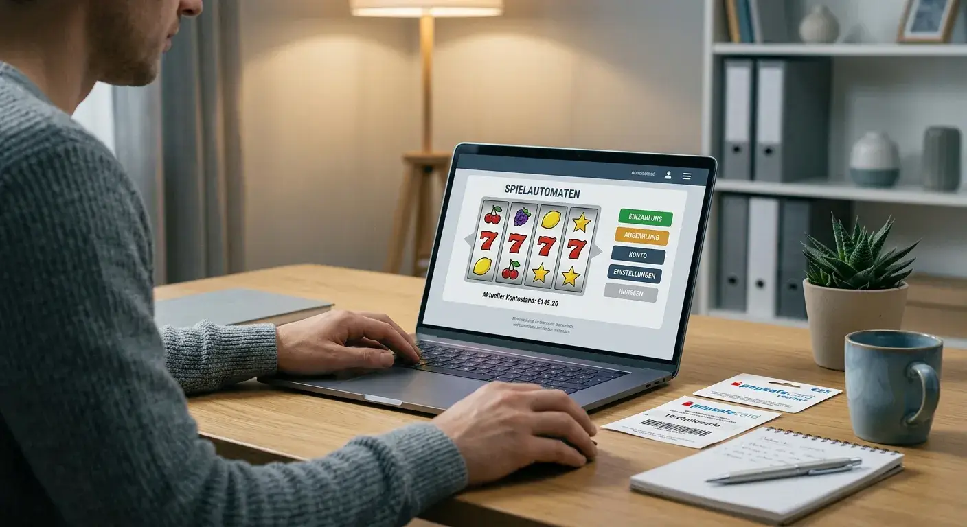 Laptop mit neutraler Casino-Oberfläche und generischen Spielwalzen ohne Markenlogos