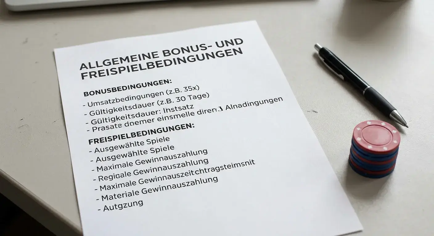 Bedrucktes Blatt mit Bonusbedingungen, Stift und neutralen Chips auf Schreibtisch, Symbol für Umsatzbedingungen bei Jackpot-Spielen