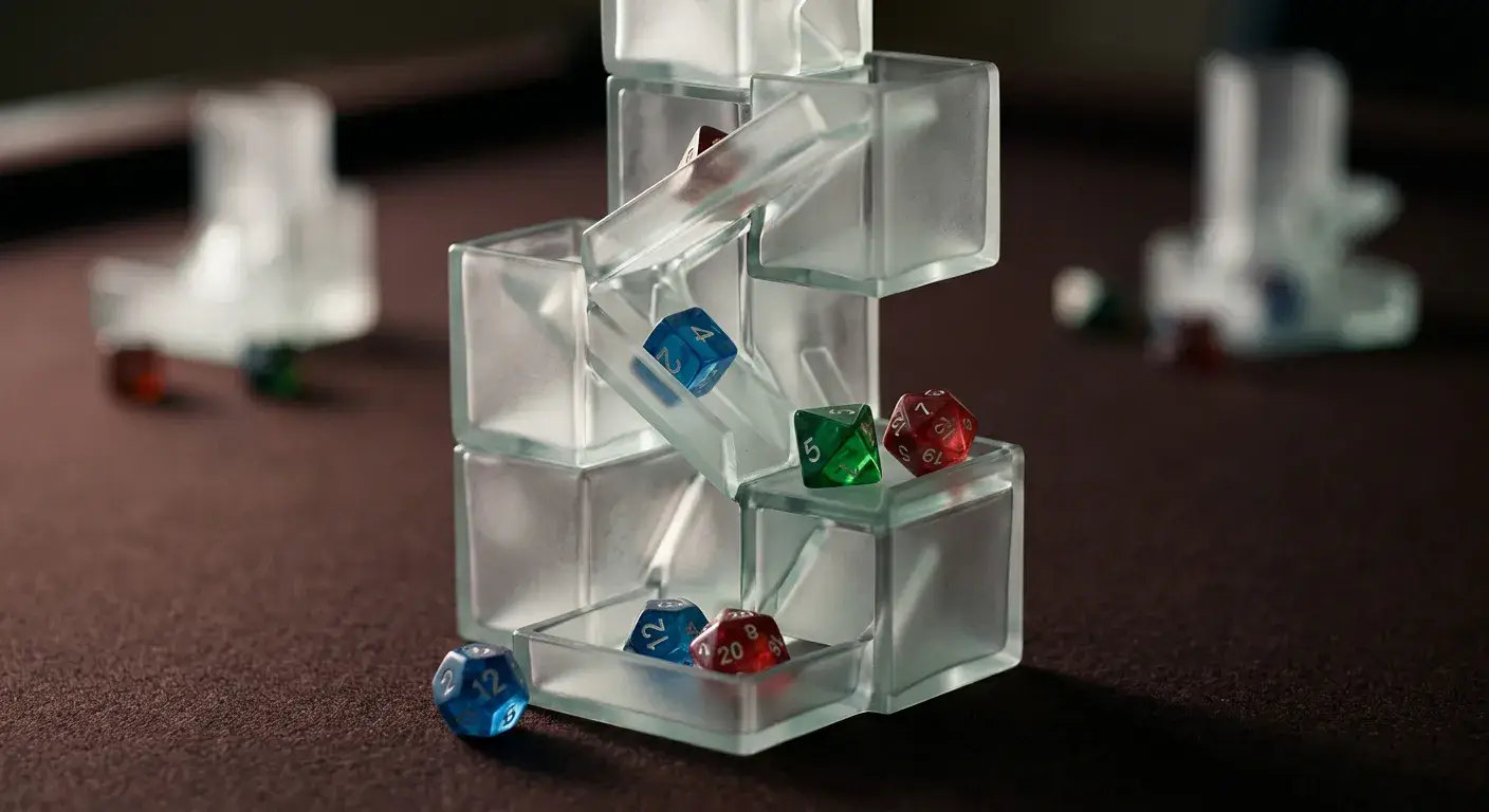 Abstrakte Würfel aus mattiertem Glas auf dunklem Filz, Symbol für Zufall und Auslöse-Mathematik der Jackpots