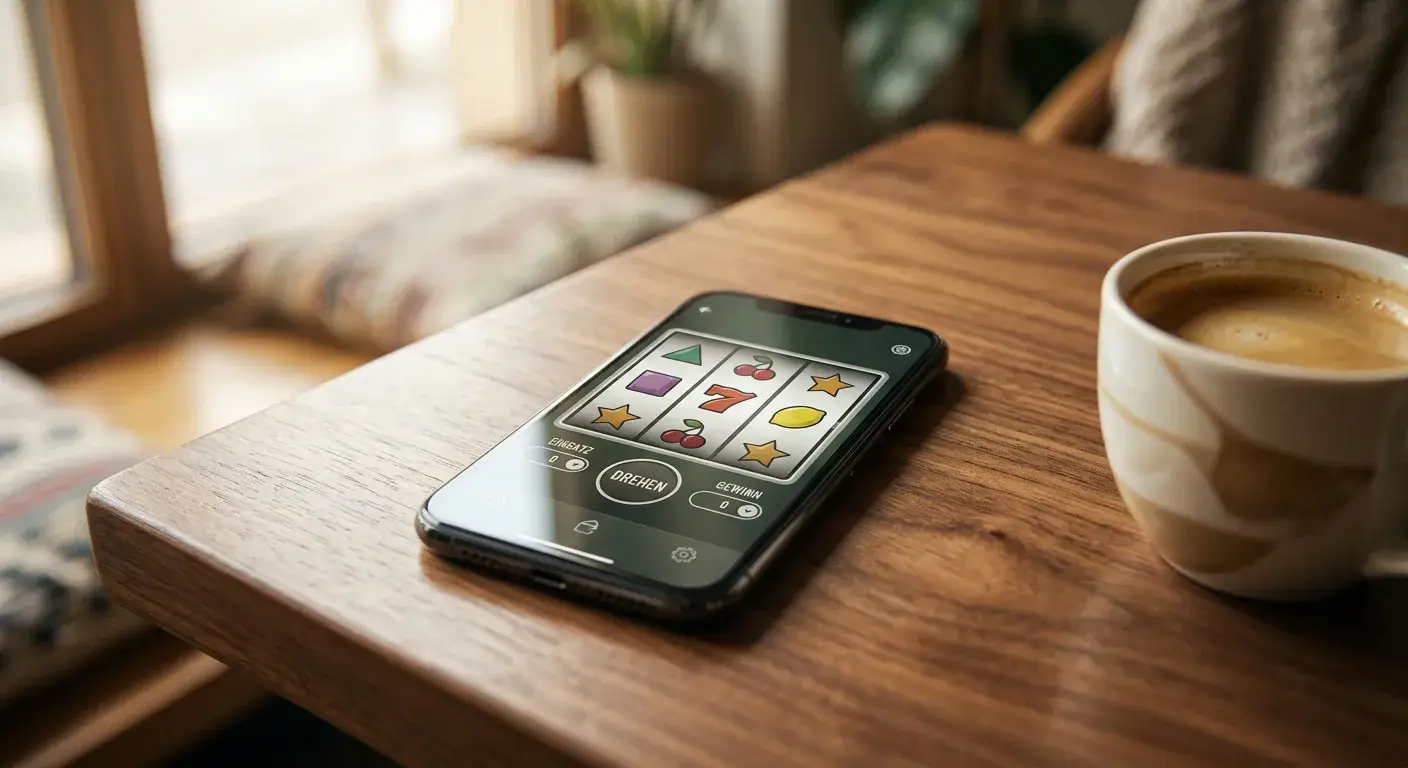 Smartphone mit generischer Spielautomat-Oberfläche auf Holztisch neben Kaffeetasse, Symbol für mobiles Spielen ohne App-Zwang