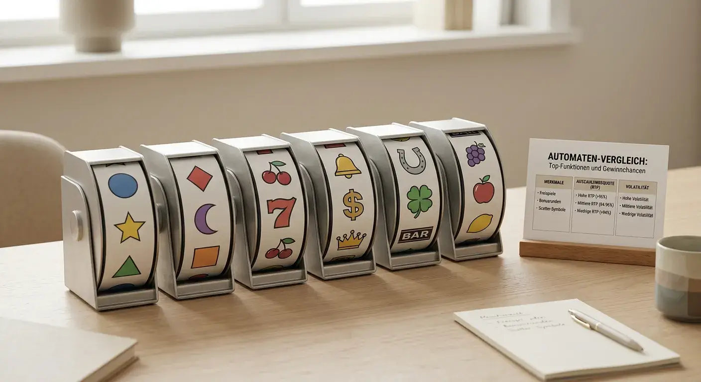 Ordentlich arrangierte generische Walzen und Vergleichsblatt auf Schreibtisch, Sinnbild für den Spielautomat-Vergleich der sieben Jackpot-Titel