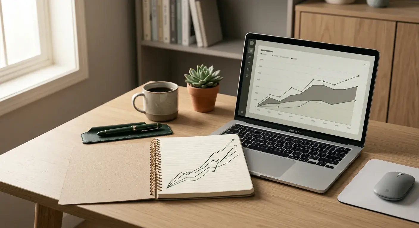 Notizbuch mit handgezeichneten Verlaufsgrafiken ohne Zahlen neben Laptop mit neutraler Diagrammansicht, Symbol für Jackpot-Verlauf und Seed-Beobachtung