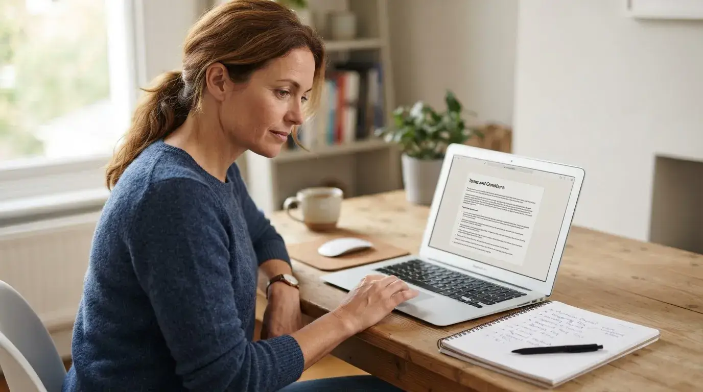 Person prüft Einzahlungsbedingungen auf einem Laptop neben Notizen