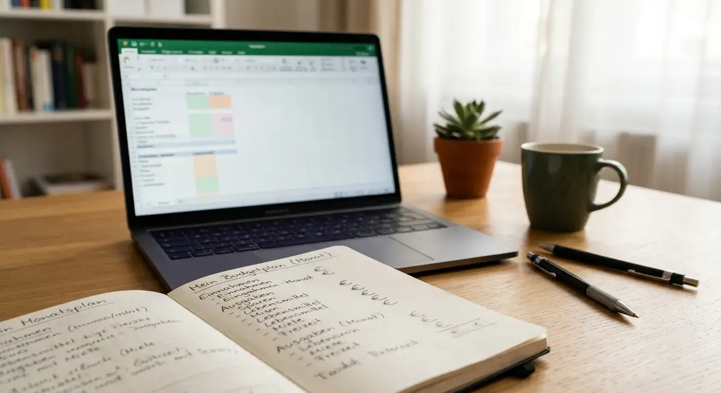 Notizbuch mit kleinem Spielbudget und neutralem Online-Casino am Laptop