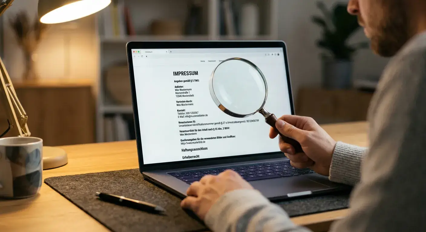 Person am Schreibtisch prüft ein Impressum auf einem Laptop mit Lupe