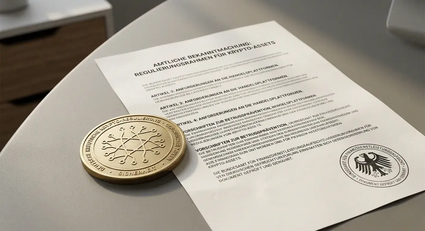 Abstrakte Darstellung digitaler Währungssymbole neben einem neutralen Regulierungsdokument